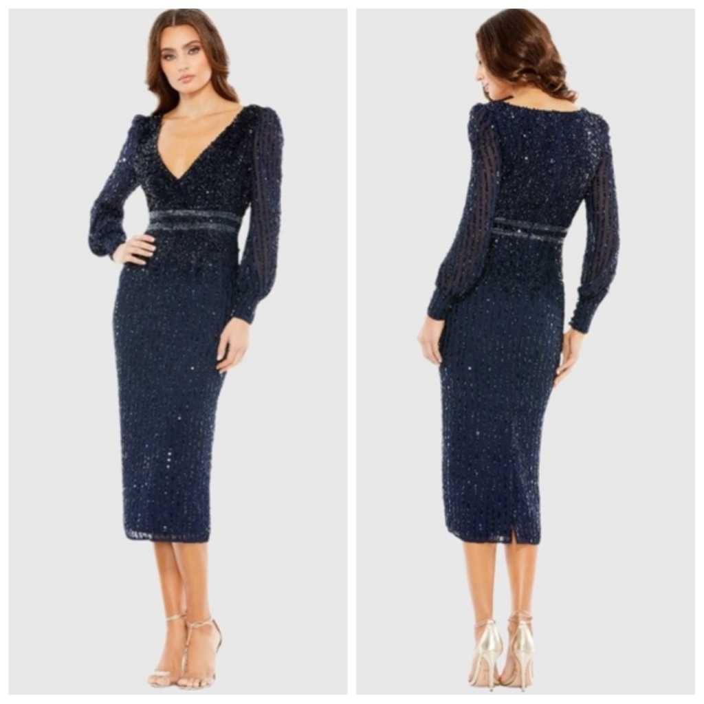 Mac Duggal Navy Sequined V Neck Bishop Sleeve Dress 16 Xl